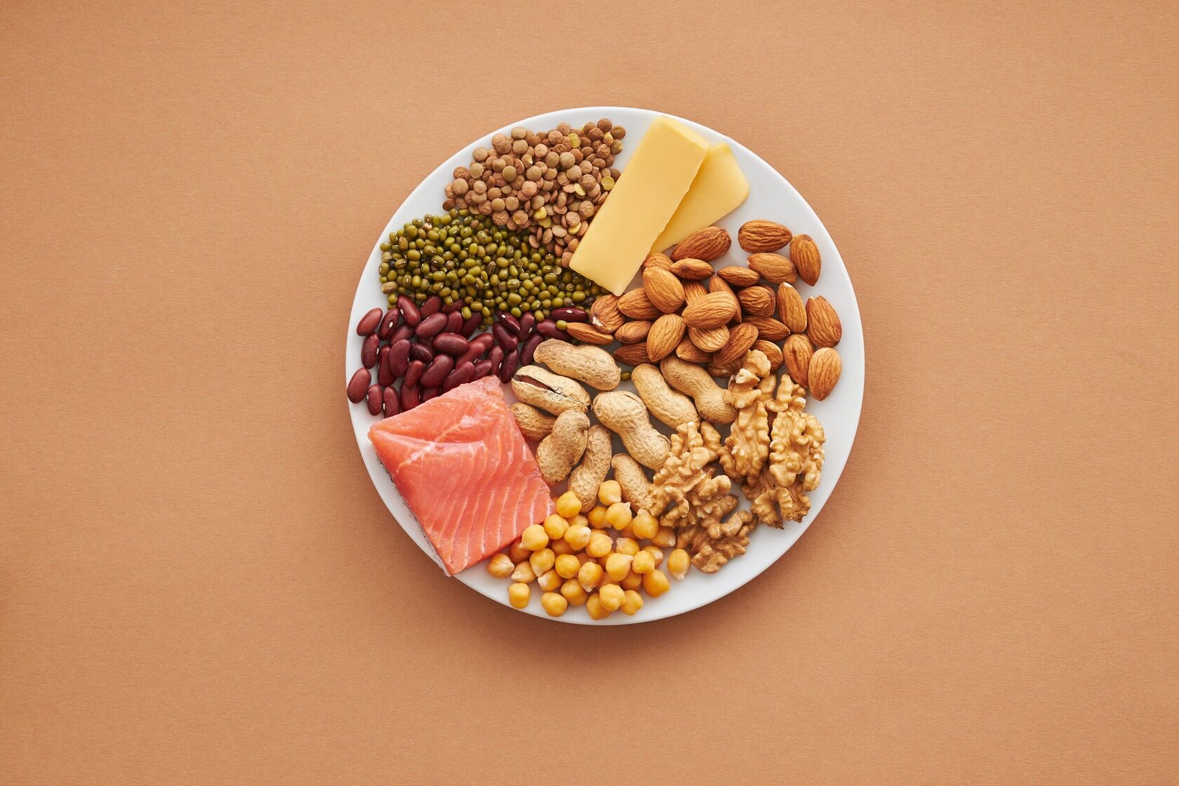 high protein, healthy foods, nuts seeds, fish, lean meats, chickpeas, vegan